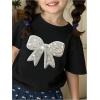 image:imageGirls Bowknot Pearl Sequin Tops Crew Neck Short Sleeve Casual Summer T Shirts Cute Clothes TrendyBow Black