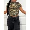 image:imageGirls Camo Crop Tight Shirts Branch Print Short Sleeve Slim Fitted TShirtArmy Green