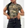 image:imageGirls Camo Crop Tight Shirts Branch Print Short Sleeve Slim Fitted TShirtArmy Green