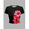 image:imageGirls Floral Graphic Crop Tops Tees Short Sleeve Crewneck Cute Slim Fit T Shirt Summer TopsBlack