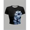 image:imageGirls Floral Graphic Crop Tops Tees Short Sleeve Crewneck Cute Slim Fit T Shirt Summer TopsBlack Blue