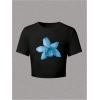 image:imageGirls Floral Graphic Crop Tops Tees Short Sleeve Crewneck Cute Slim Fit T Shirt Summer TopsFlower Black