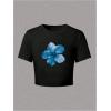 image:imageGirls Floral Graphic Crop Tops Tees Short Sleeve Crewneck Cute Slim Fit T Shirt Summer TopsHibiscus Black