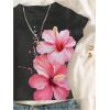 image:imageGirls Floral Graphic Crop Tops Tees Short Sleeve Crewneck Cute Slim Fit T Shirt Summer TopsPink Hibiscus Black