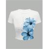 image:imageGirls Floral Graphic Crop Tops Tees Short Sleeve Crewneck Cute Slim Fit T Shirt Summer TopsWhite and Blue