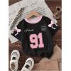 image:imageGirls Jersey Shirts Color Block Number Graphic Tees Short Sleeve Crew Neck Sports T ShirtPink