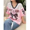 image:imageGirls Leopard Bows Graphic Tees Oversized Y2K Jersey Mesh Color Block Short Sleeve V Neck T ShirtPink