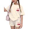 image:imageGirls 2 Piece Outfits Cherry Bow Graphic Tee Shirt and Shorts Set Cute Summer OutfitsBeige