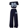image:imageGirls 2 Piece Sports Summer Outfits Graphic Off the Shoulder Jersey Shirts and Sweatpants SetDeep Blue