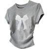 image:imageGirls Cute Sequin Bow Tops Ruched Short Sleeve Crew Neck Slim Fit T ShirtsBow Grey