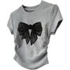 image:imageGirls Cute Sequin Bow Tops Ruched Short Sleeve Crew Neck Slim Fit T ShirtsGrey