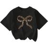 image:imageGirls Graphic Tee Shirt Short Sleeve Round Neck Preppy Casual Trendy Cute Summer TopsLeopard Bow Black