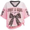 image:imageGirls Leopard Bows Graphic Tees Oversized Y2K Jersey Mesh Color Block Short Sleeve V Neck T ShirtPink