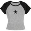 image:imageGirls Star Patchwork Color Block Crop Tops Short Sleeve Crew Neck Ribbed T ShirtsLight Grey