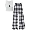 image:imageGirls Y2K Outfits 2 Piece Star Graphic Tank Tops and Plaid Wide Leg Pants Clothing SetsBlack and White