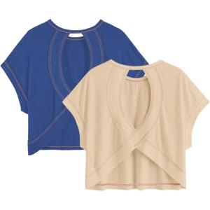 image:imageGirls 2 Packs Open Back Backless Tops Criss Cross Short Sleeve T Shirts Crewneck Casual TeesBeige and Blue