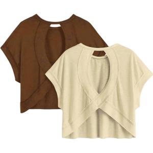 image:imageGirls 2 Packs Open Back Backless Tops Criss Cross Short Sleeve T Shirts Crewneck Casual TeesBeige and Brown