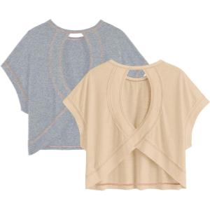 image:imageGirls 2 Packs Open Back Backless Tops Criss Cross Short Sleeve T Shirts Crewneck Casual TeesBeige and Grey