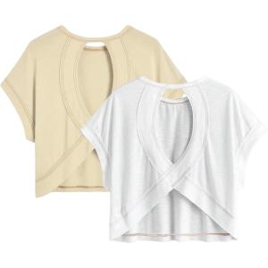 image:imageGirls 2 Packs Open Back Backless Tops Criss Cross Short Sleeve T Shirts Crewneck Casual TeesBeige and White