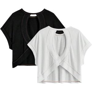 image:imageGirls 2 Packs Open Back Backless Tops Criss Cross Short Sleeve T Shirts Crewneck Casual TeesBlack White