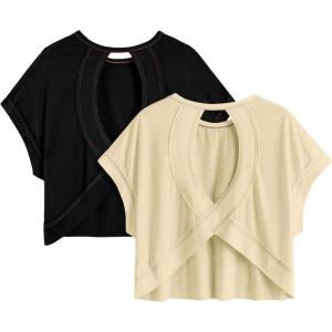 image:imageGirls 2 Packs Open Back Backless Tops Criss Cross Short Sleeve T Shirts Crewneck Casual TeesBlack and Beige