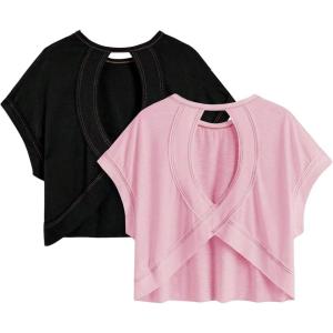 image:imageGirls 2 Packs Open Back Backless Tops Criss Cross Short Sleeve T Shirts Crewneck Casual TeesBlack and Pink