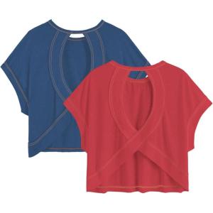 image:imageGirls 2 Packs Open Back Backless Tops Criss Cross Short Sleeve T Shirts Crewneck Casual TeesBlue and Red
