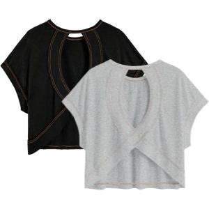 image:imageGirls 2 Packs Open Back Backless Tops Criss Cross Short Sleeve T Shirts Crewneck Casual TeesGrey and Black