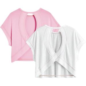 image:imageGirls 2 Packs Open Back Backless Tops Criss Cross Short Sleeve T Shirts Crewneck Casual TeesPink and White