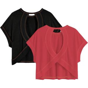 image:imageGirls 2 Packs Open Back Backless Tops Criss Cross Short Sleeve T Shirts Crewneck Casual TeesRed and Black