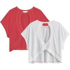 image:imageGirls 2 Packs Open Back Backless Tops Criss Cross Short Sleeve T Shirts Crewneck Casual TeesWhite and Red