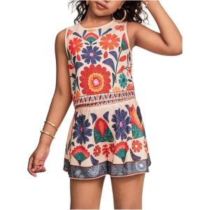 image:imageGirls 2 Piece Outfits Boho Floral Print Crew Neck Tank Top and Wide Leg Shorts SetOrange
