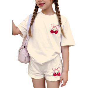 image:imageGirls 2 Piece Outfits Cherry Bow Graphic Tee Shirt and Shorts Set Cute Summer OutfitsBeige