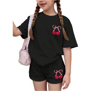 image:imageGirls 2 Piece Outfits Cherry Bow Graphic Tee Shirt and Shorts Set Cute Summer OutfitsBlack
