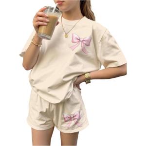 image:imageGirls 2 Piece Outfits Cherry Bow Graphic Tee Shirt and Shorts Set Cute Summer OutfitsBow Beige