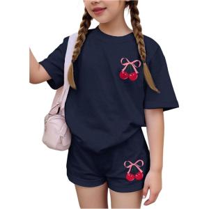 image:imageGirls 2 Piece Outfits Cherry Bow Graphic Tee Shirt and Shorts Set Cute Summer OutfitsDeep Blue