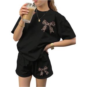image:imageGirls 2 Piece Outfits Cherry Bow Graphic Tee Shirt and Shorts Set Cute Summer OutfitsGraphic Black
