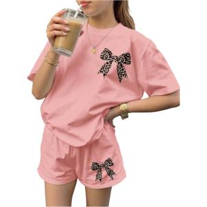 image:imageGirls 2 Piece Outfits Cherry Bow Graphic Tee Shirt and Shorts Set Cute Summer OutfitsMix Pink