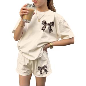 image:imageGirls 2 Piece Outfits Cherry Bow Graphic Tee Shirt and Shorts Set Cute Summer OutfitsMulticolor Beige