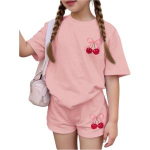 image:imageGirls 2 Piece Outfits Cherry Bow Graphic Tee Shirt and Shorts Set Cute Summer OutfitsPink