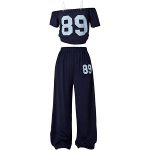 image:imageGirls 2 Piece Sports Summer Outfits Graphic Off the Shoulder Jersey Shirts and Sweatpants SetDeep Blue