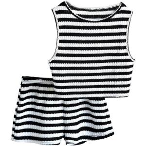 image:imageGirls 2 Piece Striped Summer Outfits Textured Knit Sleeveless Crop Tank Top and Shorts Matching SetBlack and White