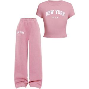image:imageGirls 2 Piece Summer Outfits Letter Graphic Tees and Wide Leg Baggy Pants Set Casual Cute ClothesPink