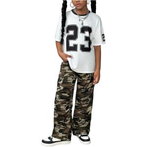 image:imageGirls 2 Piece Summer Outfits Number Graphic Jersey Shirts and Camo Cargo Pants Set StreetwearMulticolor