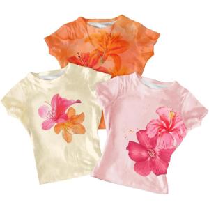 image:imageGirls 3 Packs Graphic Tees Vacation Hibiscus Top Crewneck Short Sleeve Cute Tops Summer Slim Fit T ShirtFloral Pink Yellow Orange