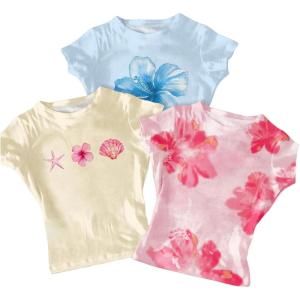 image:imageGirls 3 Packs Graphic Tees Vacation Hibiscus Top Crewneck Short Sleeve Cute Tops Summer Slim Fit T ShirtFloral Yellow Blue Pink