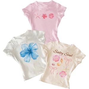 image:imageGirls 3 Packs Graphic Tees Vacation Hibiscus Top Crewneck Short Sleeve Cute Tops Summer Slim Fit T ShirtMulticolor