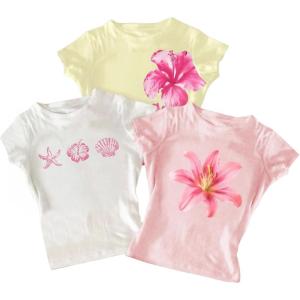 image:imageGirls 3 Packs Graphic Tees Vacation Hibiscus Top Crewneck Short Sleeve Cute Tops Summer Slim Fit T ShirtMulticolor Blue and Pink