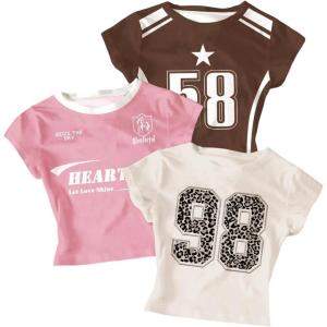 image:imageGirls 3 Packs Graphic Tees Vacation Hibiscus Top Crewneck Short Sleeve Cute Tops Summer Slim Fit T ShirtMulticolor Brown