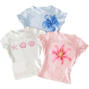 image:imageGirls 3 Packs Graphic Tees Vacation Hibiscus Top Crewneck Short Sleeve Cute Tops Summer Slim Fit T ShirtMulticolor Pink and Yellow